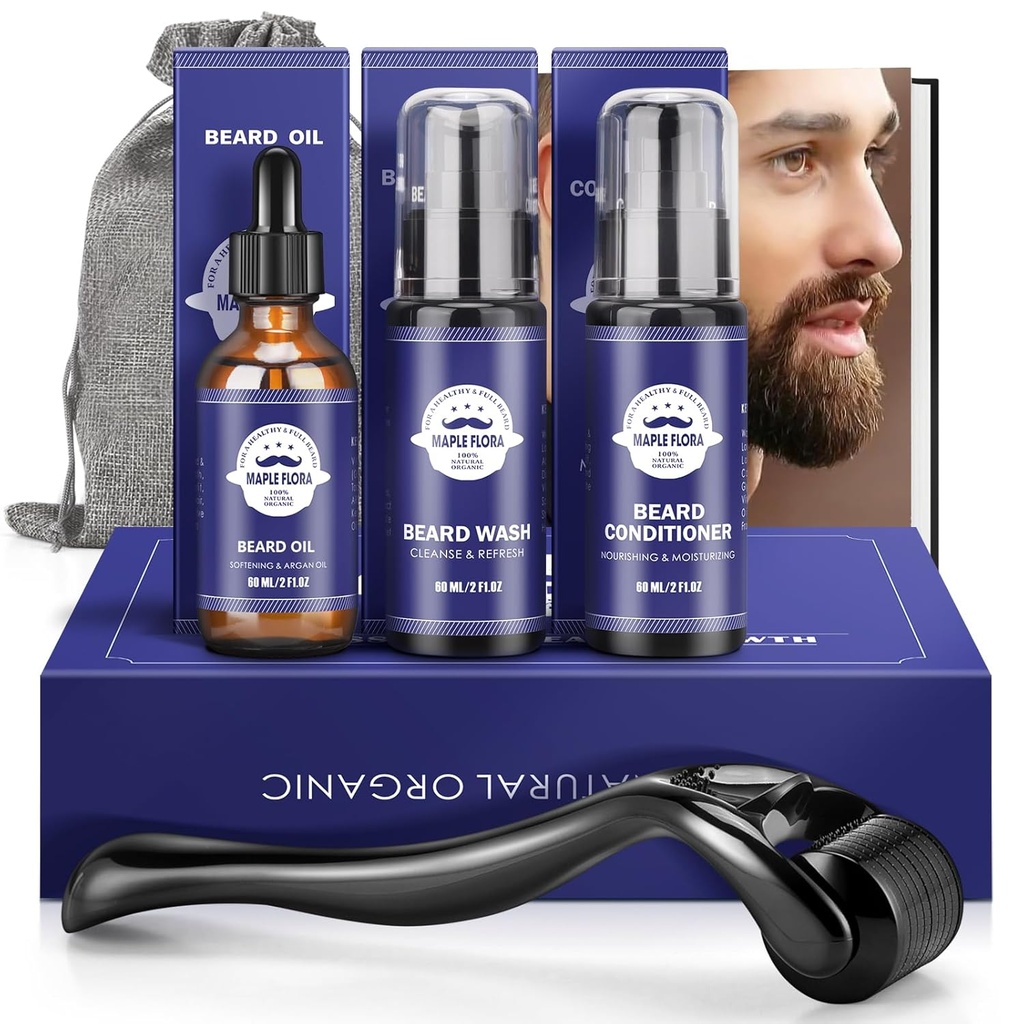 Beard Gift Kit - Olej, Wash, Conditioner, Roller (Délka jehly: 0.25mm) pro Beard, Storage Bag, Mustache dárky Sada pro přítele Manžel Otcové