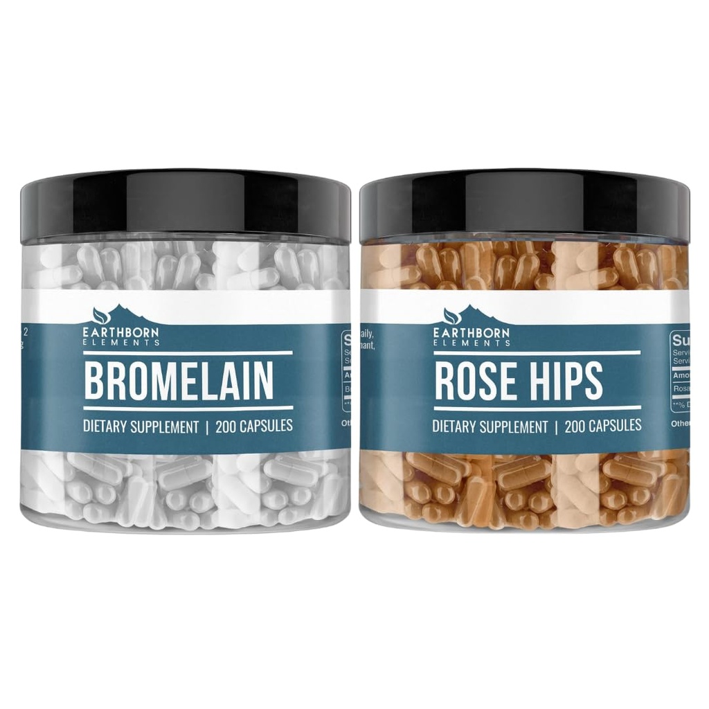 Pozemské živly Rose HIPS & Bromelain Kapsle Bundle (200 Kapsle každý), čisté a neředěné, Žádné přísady