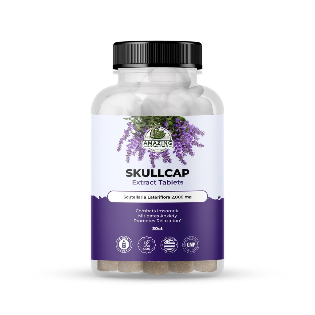 Amazing Botanicals Skullcap 10X Extract Tablets 2,000 mg - High Potency Herbal Supplement for Relaxation and Wellness - 30 Tablets