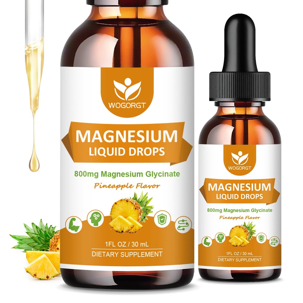 Glycinát hořečnatý Kapky s citrátem a taurátem - Kognitivní, Muscle & Focus, Liquid Magnesium Complex Dodatek s vitaminem D3, GABA, L-theanin, Ananas Flavor - 1 Fl Oz (2 balení)