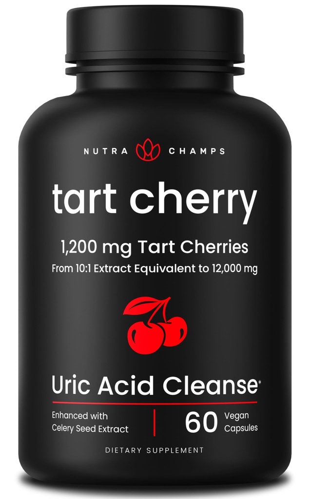 Organic Tart Cherry Extract Kapsle 12 000 mg - Vyrobeno z Montmorency Tart Cherry Concentrate, Celer Seed & Bilberry - Čistota a společná podpora kyseliny močové - Veganské Kapsle