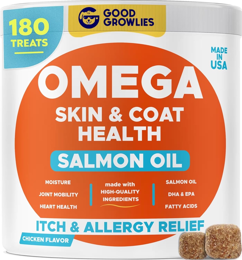 Omega 3 Aljašské přípravky na rybí olej pro psy (180 Ct) - Suchá a ltchy kůže + alergie - lesklé kabáty - EPA & DHA Mastné kyseliny - Natural Salmon Oil Chews - Kuřecí krůta