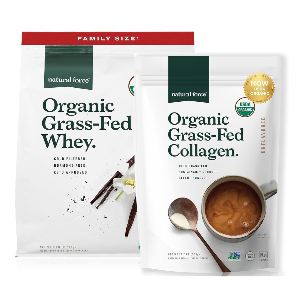 Natural Force Grass Fed Organic Whey Protein Powder Vanilla Flavor 5 LB Organic Clean Collagen Peptides Powder Unflaused, 10.7oz