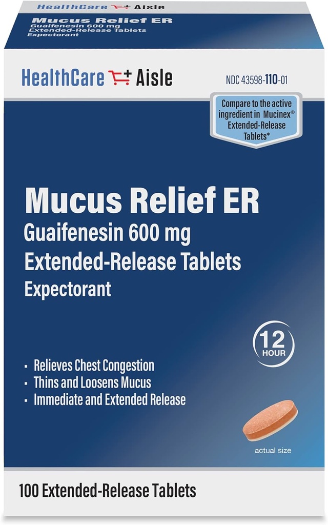 HealthCareAisle Guaifenesin 600 mg Extended Release - 100 tablet - Mucus Relief Expectorant for Chest Congestion Relief