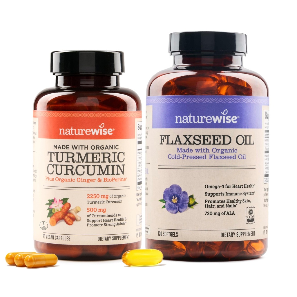NatureWise Curcumin Turmeric 2250mg & Flaxseed Oil 1200mg Omega 3 6 9 Softgels for Joint, Heart & Imunitary Support [1 a 2 měsíční dodávky]