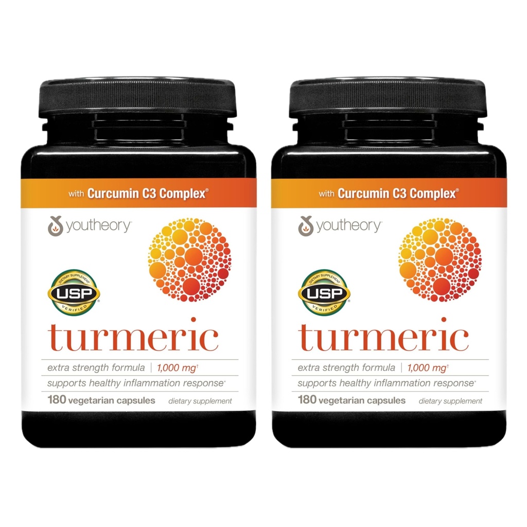 Youtheory Turmeric Extra Strength - 1000 mg - Podporuje svalové a společné zdraví * - Obsahuje bioenhancery, kurkuminoidy a Bylinné extrakty - USP Ověřeno - 180 Vegetariánské kapsle, 2 balení (180- denní zásobování)