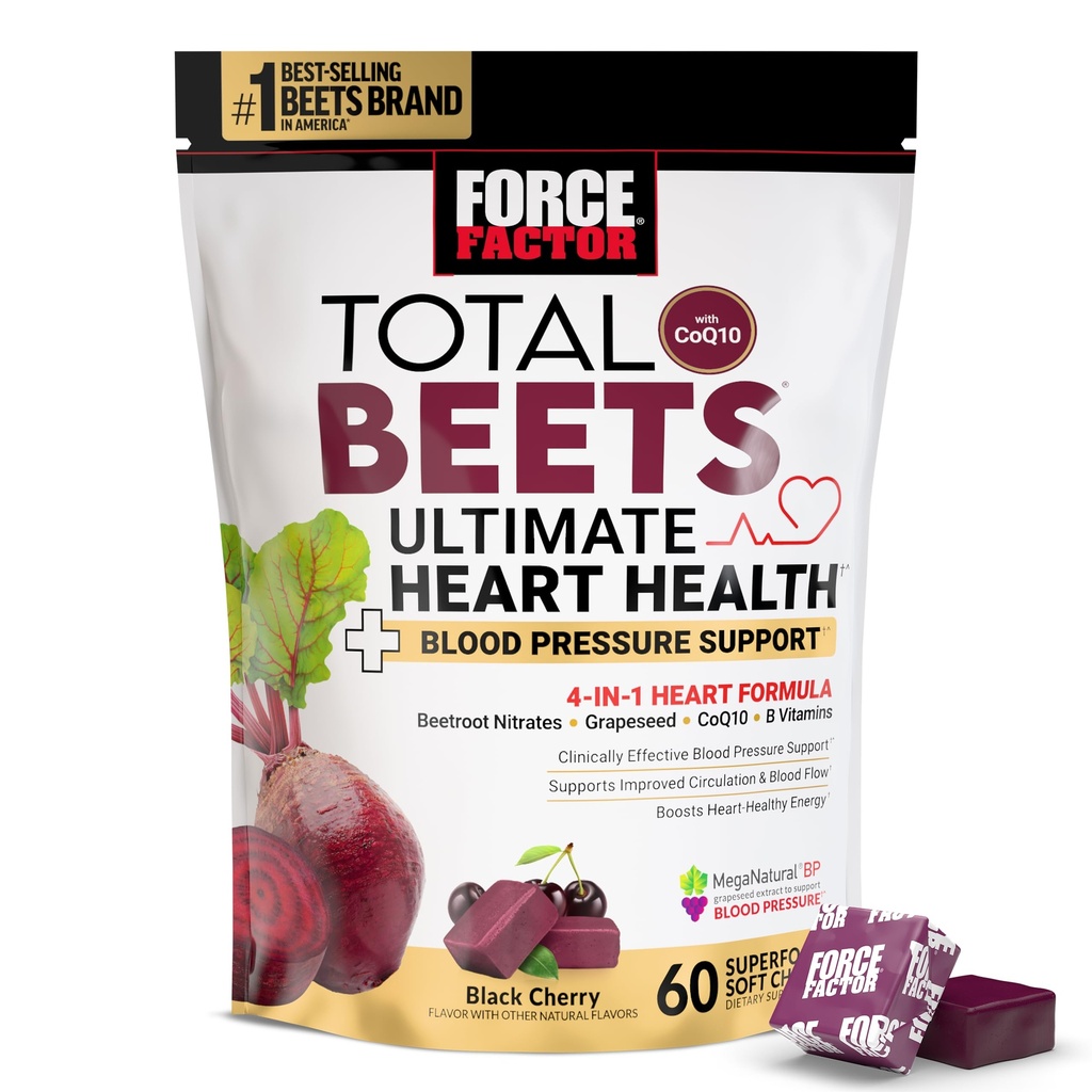 FORCE FACTOR Celkem Beets Ultimate Heart Health Chews for Blood Pressure Support, with Beetroot Powder, CoQ10, B Vitamins & Grapeseed Extract for Blood Flow & Energy, Black Cherry, 60 Soft Chews