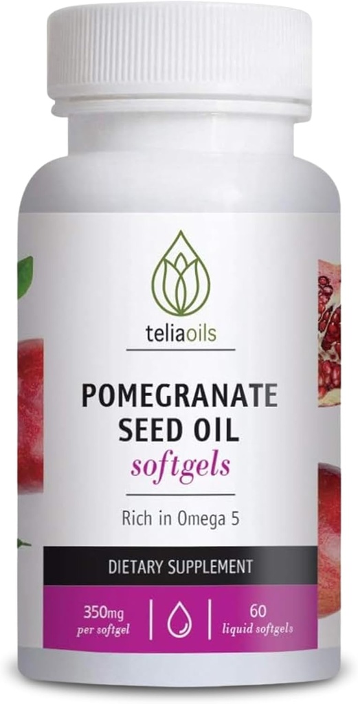 Teliaoils Granátový dodatek s Linseed Oil - 60 Liquid Softgels - Cold- Pressed Granátový olej pro antioxidační a kožní podporu - Omega 5 & Polyfenoly pro muže a ženy