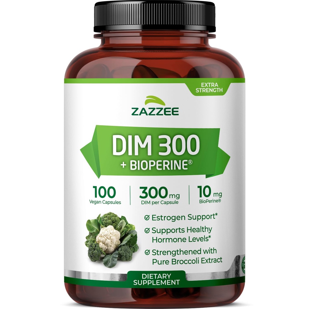 Zazzee DIM 300 mg per Capsule, 100 Počet, Plus 10 mg BioPerine, Estrogen Balance, Hormonal Acne, Menopauza Support, Hormonální Balance, Diindolylmethan, Vegan, All- Natural, Non- GMO, Made in USA