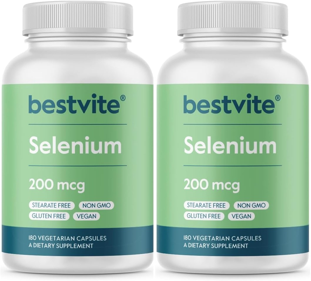 BESTVITE Selen 200mcg (360 Vegetariánských kapslí) (2- Pack) - No Stearates - No Flow Agents - Vegan - Non- GMO - Gluten Free