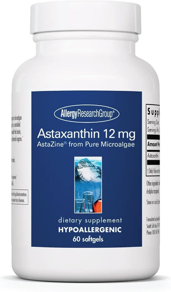 Alergie Výzkumná skupina Astaxanthin 12mg Doplněk - z organických řas, Eye Health, AstaZine Astaxanthin, Přírodní antioxidant, Kožní zdraví, Podpora funkce mozku, Softgels - 60 Počet