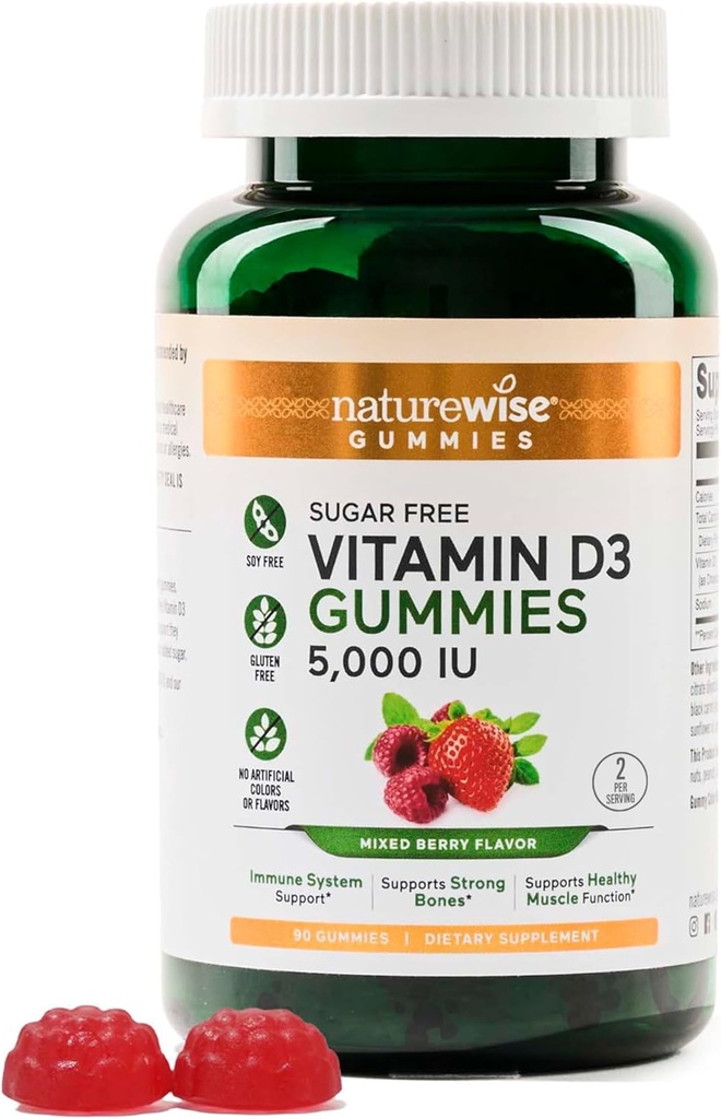 NatureWise Vitamin D3 5000 IU Gummies - Sugar- Free MixBerry Flavor - Vitamin D Gummies pro dospělé, podporuje imunitu, svalovina & síla kostí - Gelatin- Free, Non- GMO - 90 Gummies [45- Day Supply]