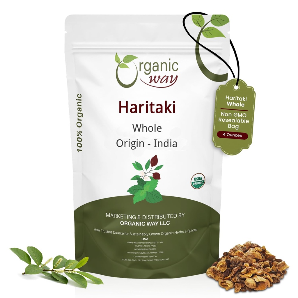 Organic Way Haritaki Whole (Chebulic Myrobalan) CARL 124; Terminalia Chebula (Yellow Myrobalan) CARL 124; Kosher & USDA Certified CARL 124; Vegan, Non- GMO & Gluten Free CARL 124; 100% syrové z Indie (4 oz - 1 / 4 libry)