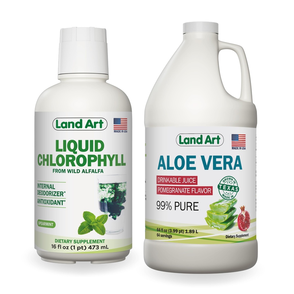 Land Art Aloe Vera Juice - Granátová šťáva - Zpracovaná za studena - Inner Filement from Organic Fresh Leaves - 64floz + Liquid Chlorofyl Mint Flaused - Studená extrahovaná z Wild Non- GMO Alfalfa - 16floz