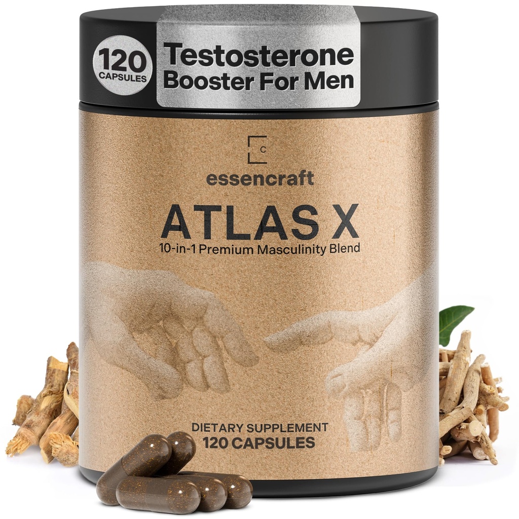 ATLAS X 10-in-1 Maximizer maskulinity Dodatek pro muže - Energie, síla a vitalita Kapsle s Shilajit, Ashwagandha, Zinek, Safed Musli, Tongkat Ali, Black Maca, Fadogia Agrestis, 2 měsíce dodávky