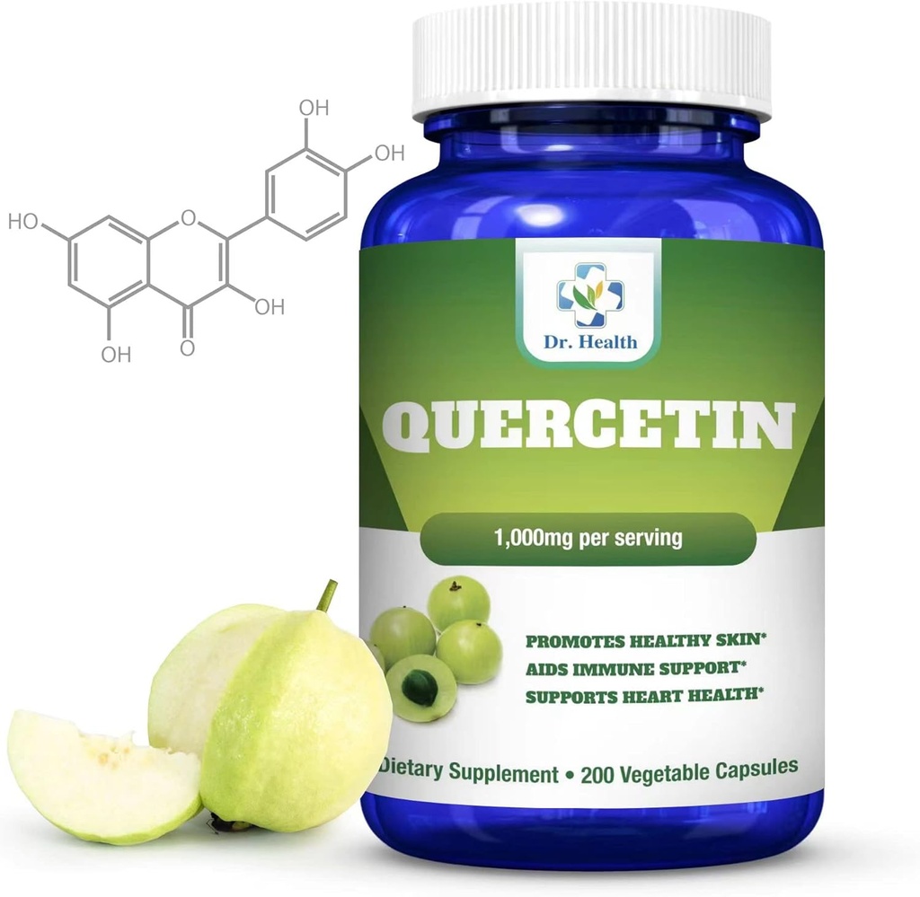 Quercetin 1000Mg 200 Vegetariánské kapsle Dietní dodatek (non-GMO, gluten zdarma) Přírodní bioflavonoidy Podporuje kardiovaskulární zdraví, Respirační zdraví, Podpora imunity a zdravé stárnutí vyrobené v USA