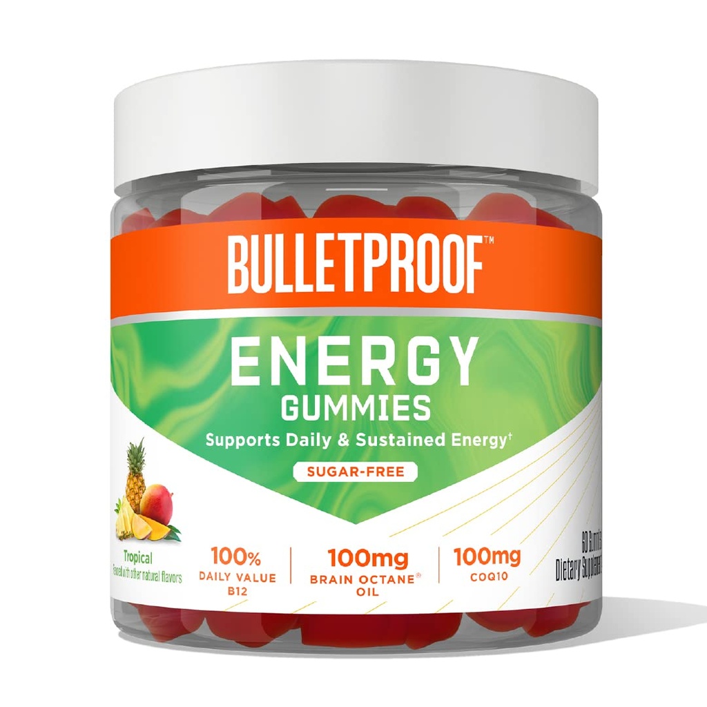 Neprůstřelný Sugar- Free Tropical Energy Gummies, 60 Počet, Dodatek pro denní a trvalé energie se 100mg CoQ10, Denní hodnota B12, 100mg Octan Oil