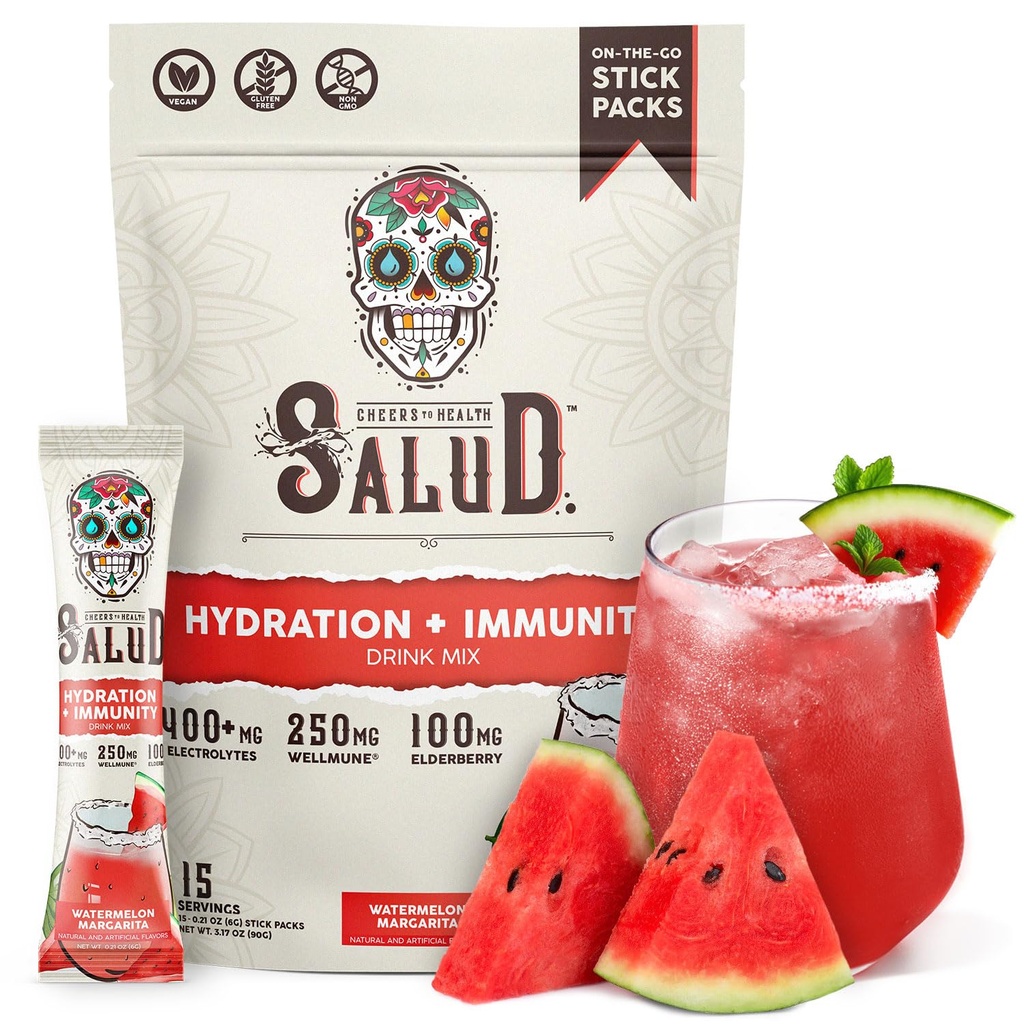 Salud 2in-1 Hydratace a imunita Electrolytes Powder, Meloun Margarita - 15 Servings, Agua Fresca Drink Mix, Elderberry, Dairy & Soy Free, Non- GMO, Gluten Free, Vegan, Low Calorie, 1G Cukr
