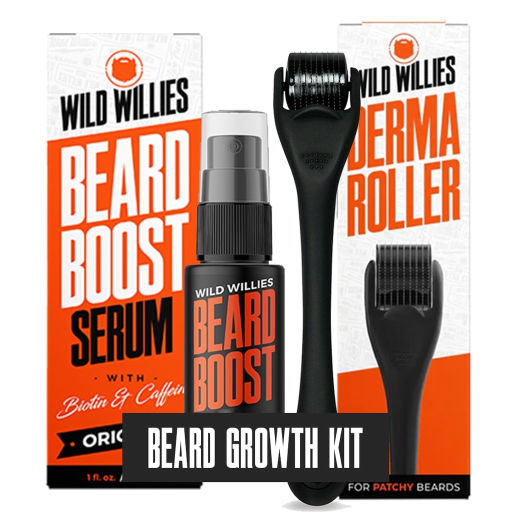 Wild Willies Beard Growth Kit - Premium Derma Roller & Beard Boost Serum - Microneedle Roller & Beard Hair Growth Serum s Biotin & Caffeine pro Fuller Beard, Skalp Care - Snadné použití Kit s případem