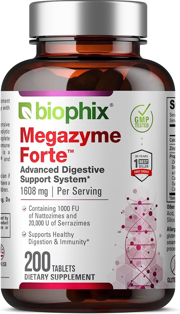 biophix Megazyme Forte 200 Tablet - Natural Plant Proteolytic Enzymes Nattozimes Serrazimes Podporuje imunitní zdraví trávicího systému