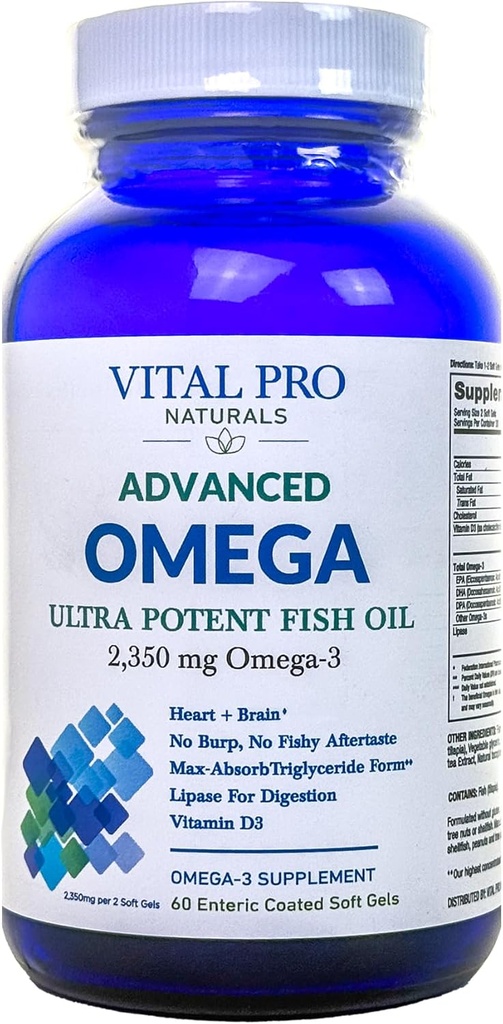 Vital Pro Naturals - Advanced Omega Wild chycen norský rybí olej s 2350mg vysoké potence Omega 3 mastné kyseliny doplňky EPA DHA a DPA pro mozek a srdce 60 Softgels (Balení květen Vary)