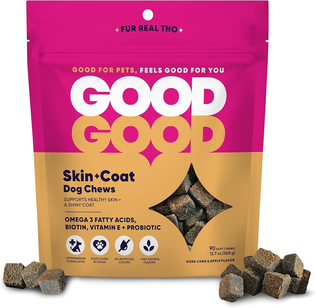 GoodGood Skin + Dog doplňky; Podporuje zdravou pleť a lesklý plášť; Žvýkací měkké léčby s Omega-3 mastné kyseliny, a vitamin E; Probiotika; 90 Přírodní Žvýkačky