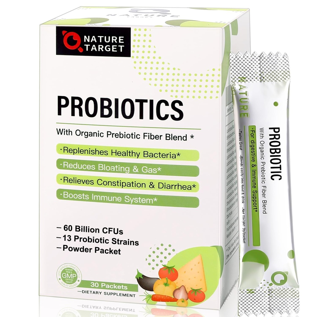 CÍLOVÉ PRObiotika NATURY PRO ŽENO- Men- Kids Probiotický prášek 60 miliard CFU 13 Kroužek - Prebiotika a Probiotika pro stravitelné zdraví, Stabilní, Non- GMO, Gluten zdarma 30 Packets