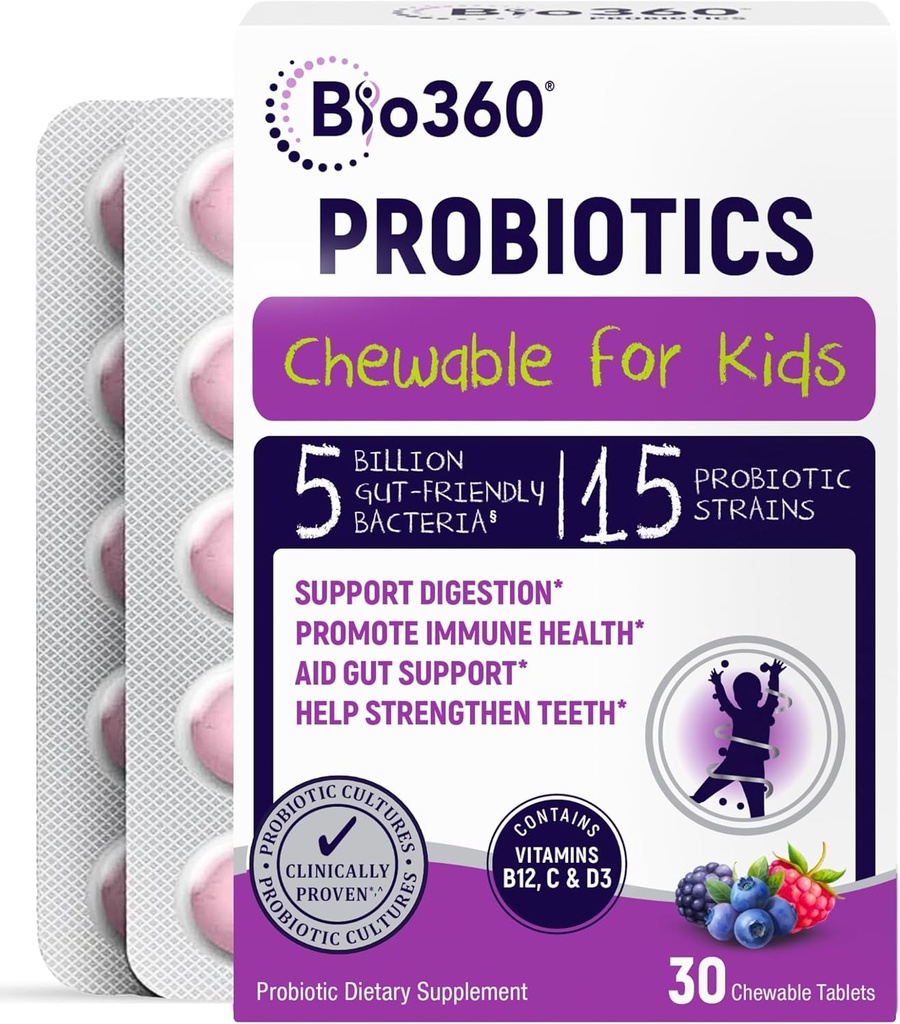 Bio360 Probiotika pro děti - 15 Strain & 5 miliard CFU podporuje mozek, imunitní a stravitelné zdraví - Děti Probiotické žvýkací s organickou prebiotika pro gut & zácpa, Smíšené Berry Flavor, 30 Počet