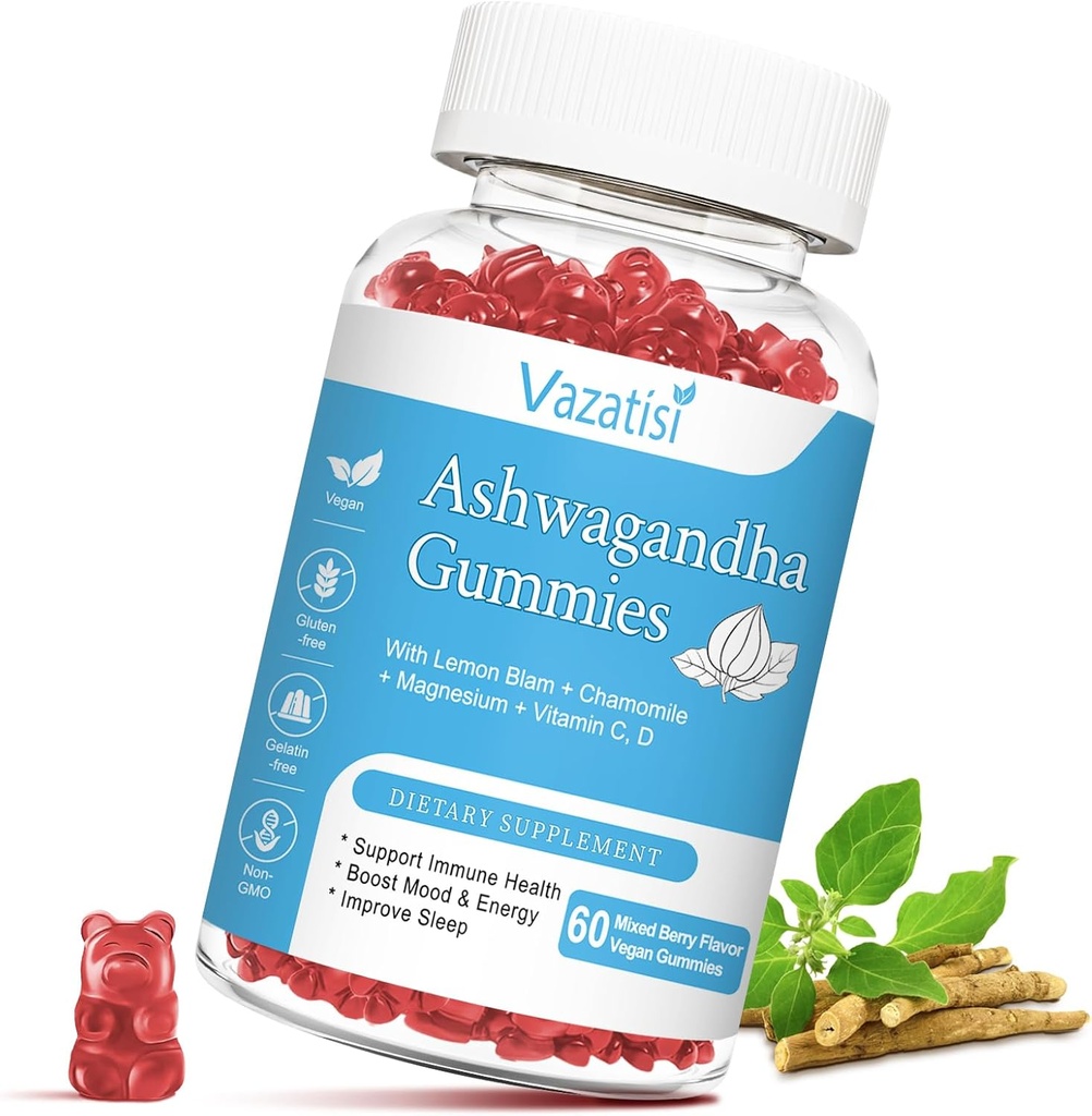Sugar Free Ashwagandha Gummies for Women Men, Organic Ashwa Root Extract Dodatek pro Relax Restore Balance, Vegan gluten Free, 60 Count
