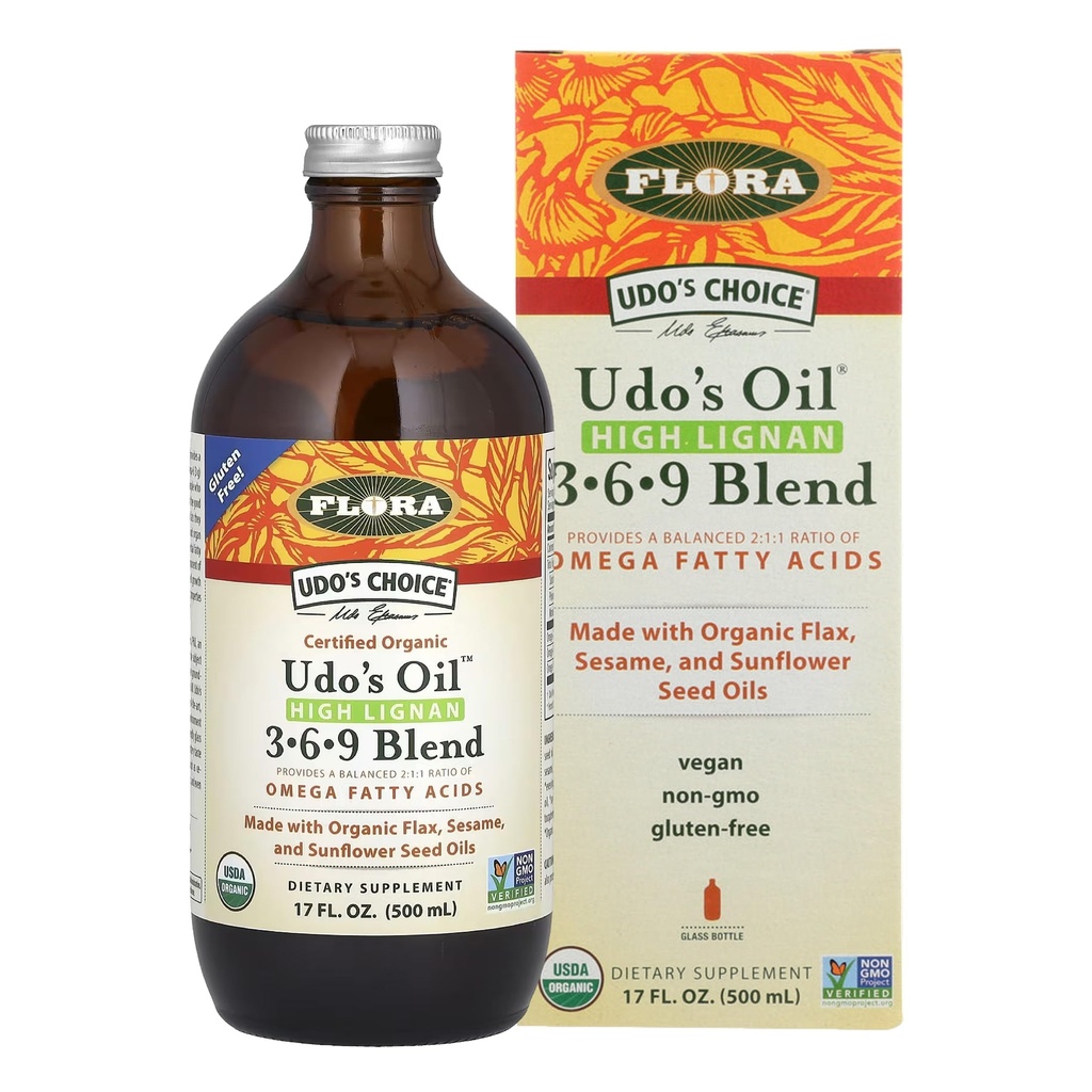 Flora - Udo 's Choice High- Lignan 369 Omega Oil Blend, Udo' s Oil Balanced 2: 1: 1 Poměr Omega Fatty Acids, Made with Organic Flax, Sezame & Sunflower Seed Oils, 17-oz. Skleněná lahvička