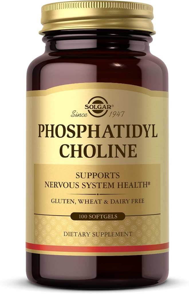 Solgar Fosfatidylcholin, 100 Softgels - Podpora zdravé kognitivní funkce - Odvozené od Lecithinu - Obsahuje Cholin pro neurotransmiter Acetylcholin - Gluten Free, Dairy Free - 50 Služeb