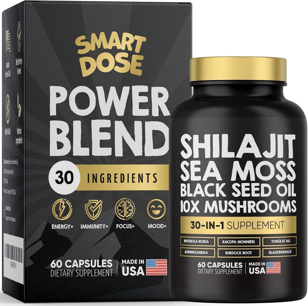 Power Blend Kapsle - 30- in-1 Supplement Bundle s Shilajit 6000mg, Moss 4000mg, Black Seed Oil 4000mg, Ashwagandha 2000mg, 10x Houby, Tongkat Ali, Maca, holistické pilulky Combo
