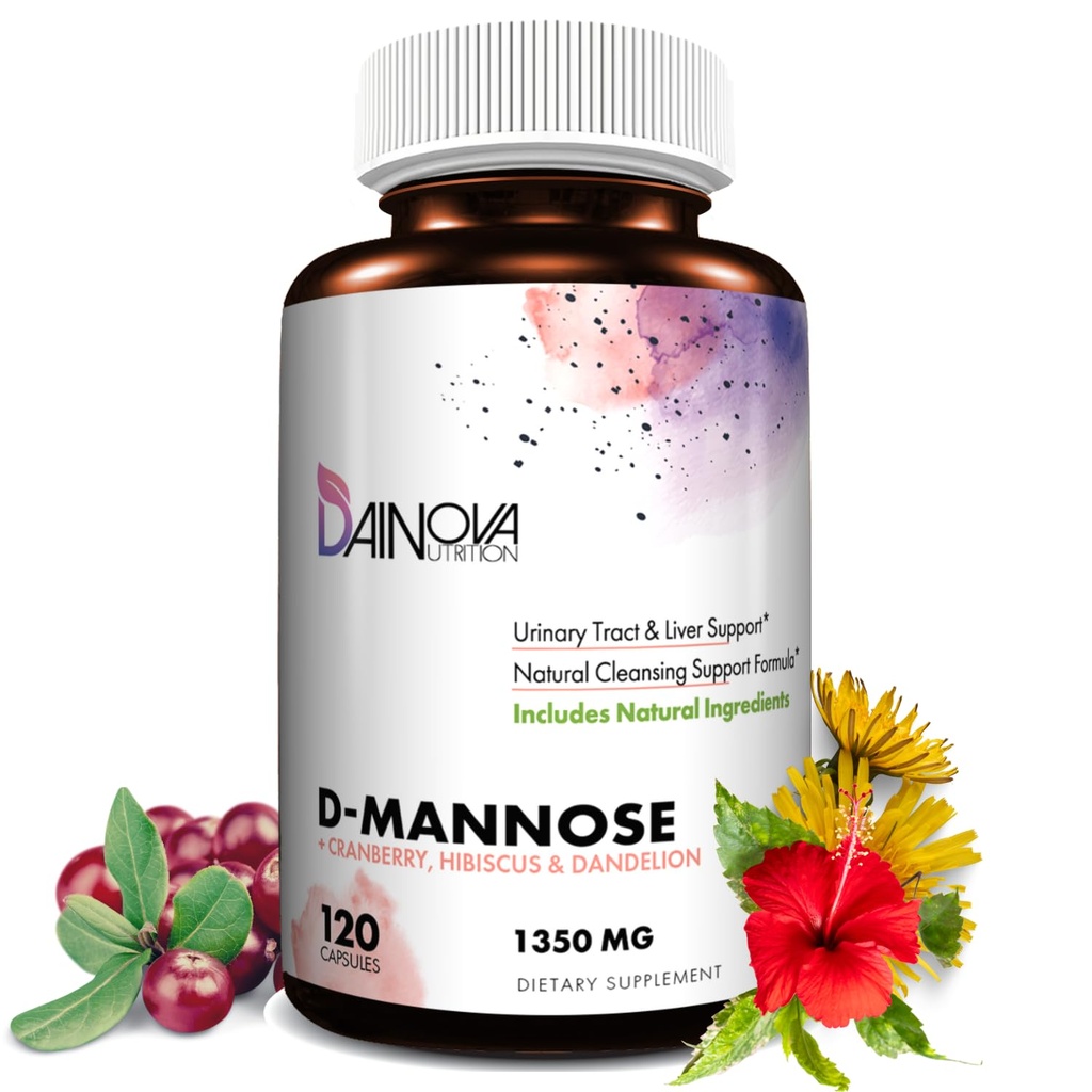 Dainova D Mannose 1350mg s Cranberry I D- Mannose Kapsle pro prevenci UTI, Podpora močových cest, Močová Trakt Zdraví pro ženy, & Čistota. W / Hibiscus & Pampeliška, 120 Veggie Kapsle