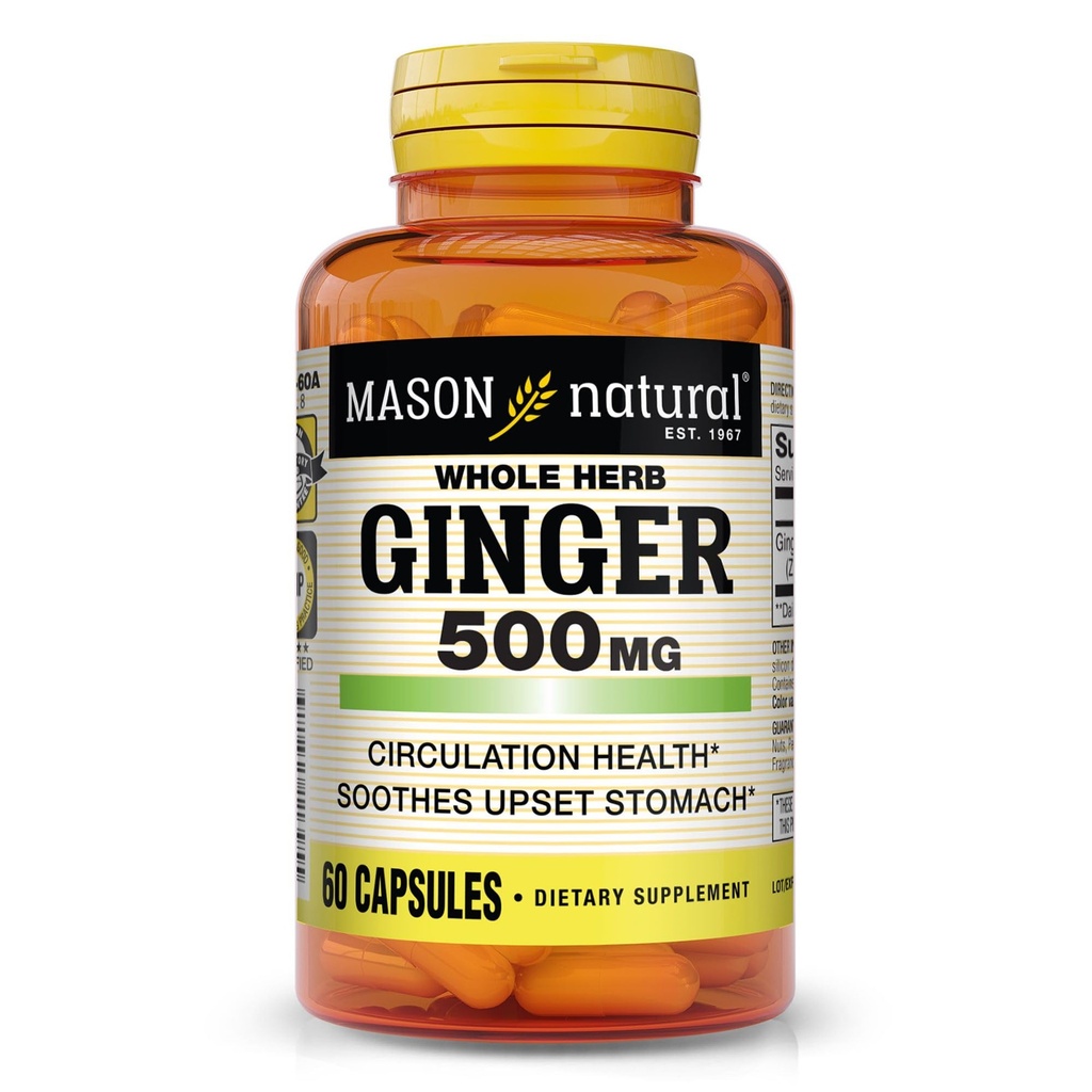 MASON NATURAL celý Herb Ginger 500 mg, 2 měsíční dodávka, přírodní bylinný dodatek, 60 Kapsle
