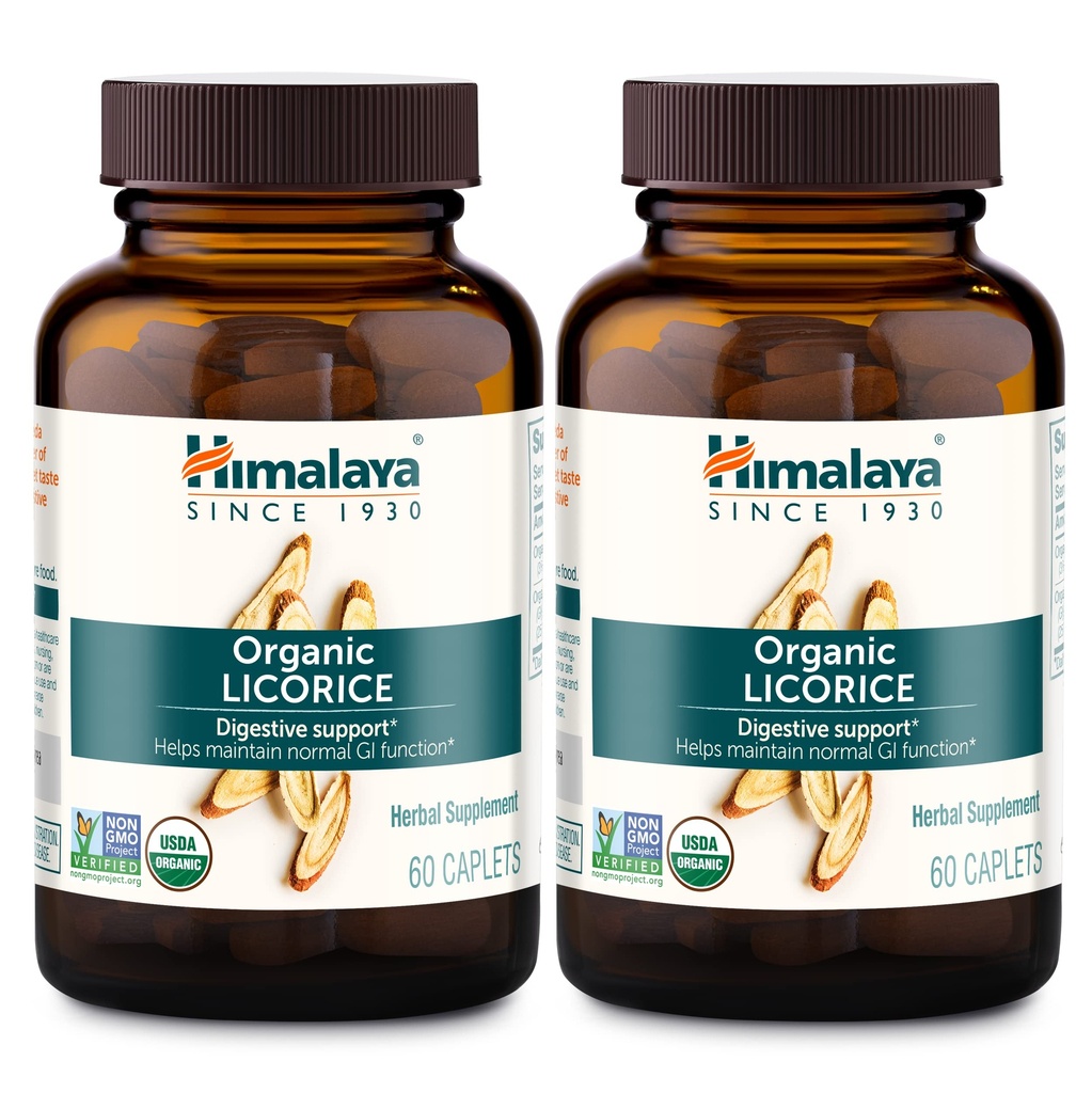 Himalaya Organic Licorice, 120 Day Supply - Stravovací zdravotní dodatek pro upset žaludku, příležitostné nadýmání a Heartburn - USDA Organic, Vegan, Non-GMO, Non-DGL, gluten zdarma, 60 Caplet, 2 Pack