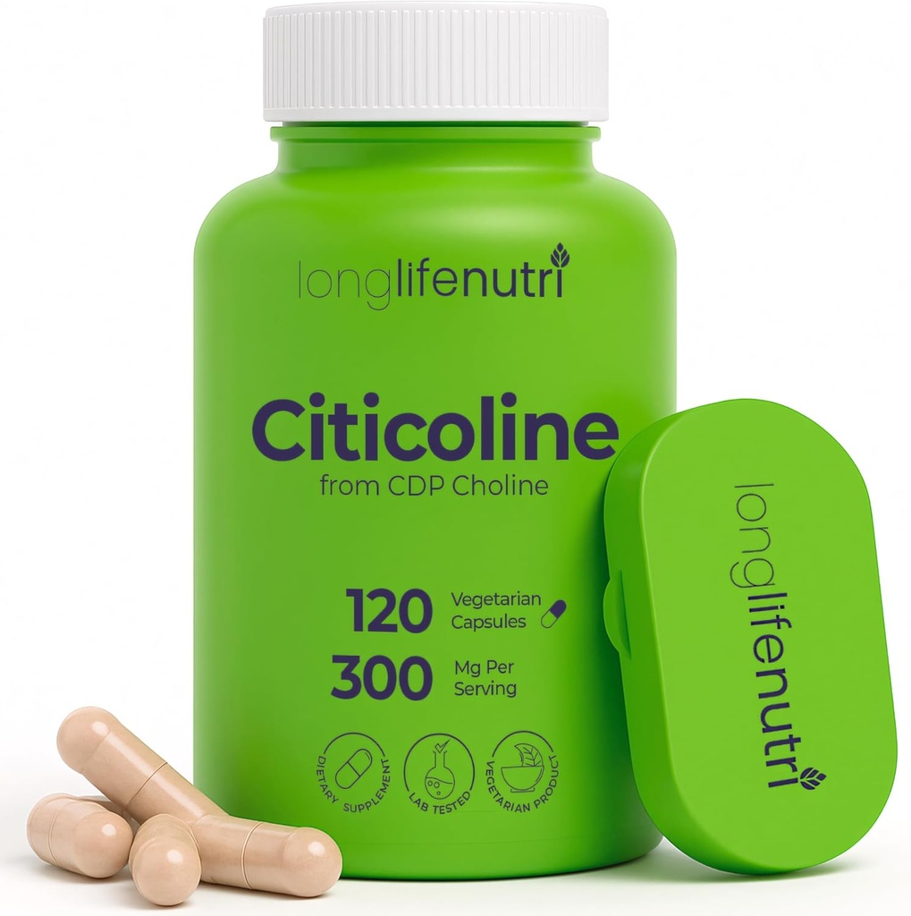 LongLifeNutri Citicolin (CDP- Cholin) 300 mg, 120 Vegetariánských kapslí, 4- měsíční dodávka, GMP Certified, Made in USA