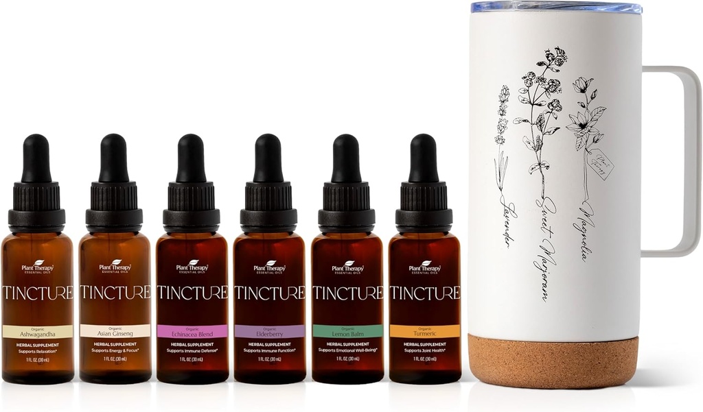 Plant Therapy Total Tincture Package obsahuje 30 ml Každý z organických Ashwagandha, asijské ženšen, Echinacea Blend, Elderberry, Lemon Balm, Turmeric & Travel Mug