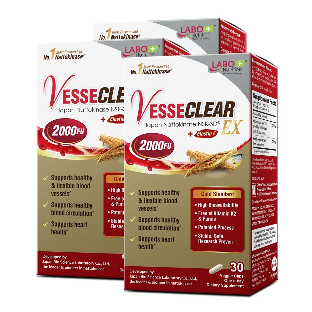 LABO Nutrition VesseCLEAR EX: Nattokinase NSK-SD + Elastin F pro čisté a pružné krevní plavidlo. Nejvíce klinicky studované Japonsko, Funkční dávka, Acid- Resistent / Zpožděné uvolnění kapsle, 90 Počet