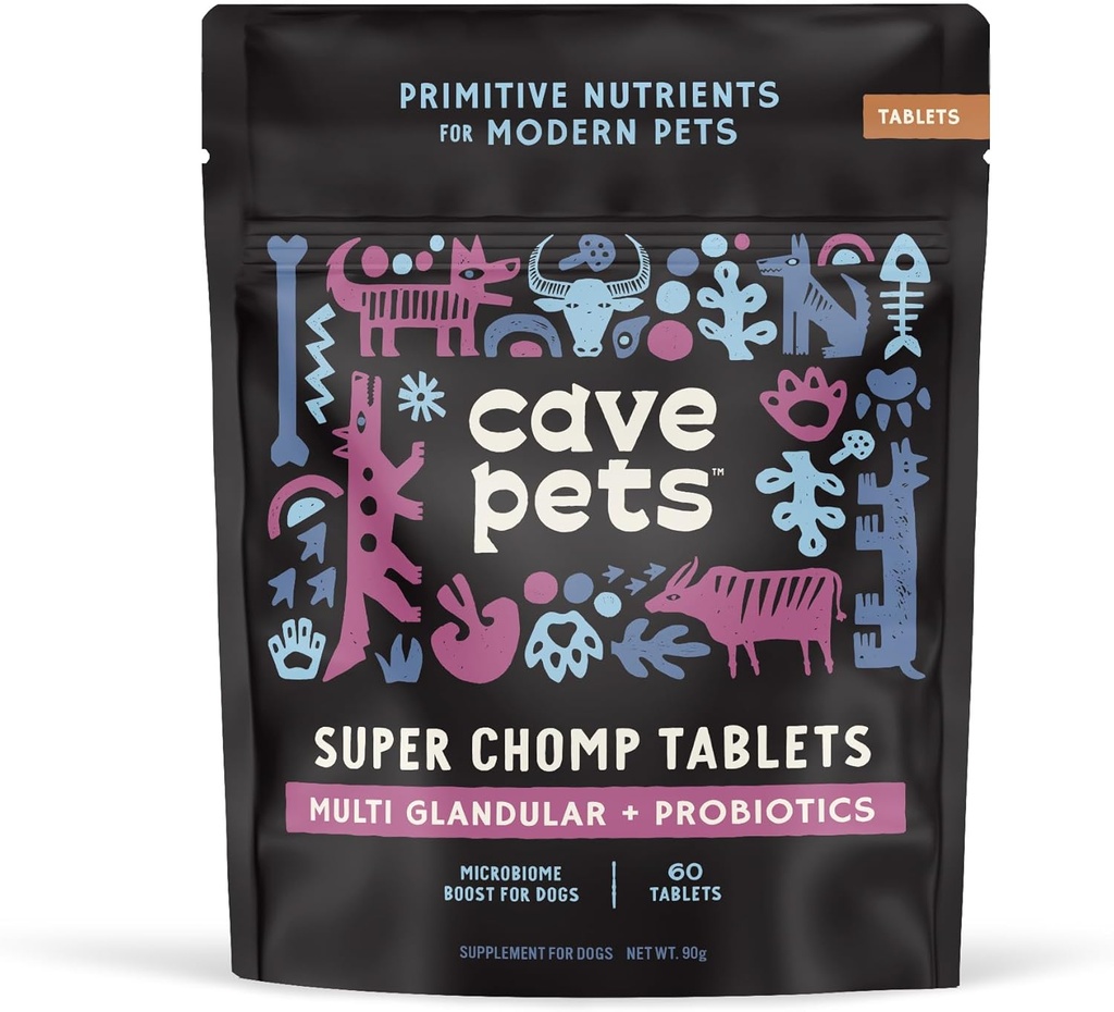 Jeskynní mazlíčci, Super Chomp tablety, Dog Probiotický dodatek pro stravitelné zdraví, Multi- Glandular & Probiotika, 60 Tablety