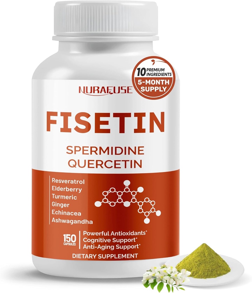 Fisetin 10- in-1 Formule - s spermidin Quercetin Resveratrol, Elderberry, Turmeric Non- GMO, gluten- Free, Soy- Free