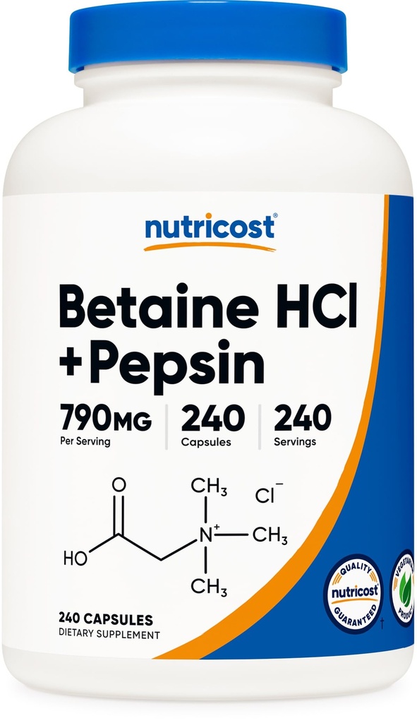 Nutricost Betaine HCl + Pepsin 790mg, 240 Kapsle - Vegetarian & GMO zdarma