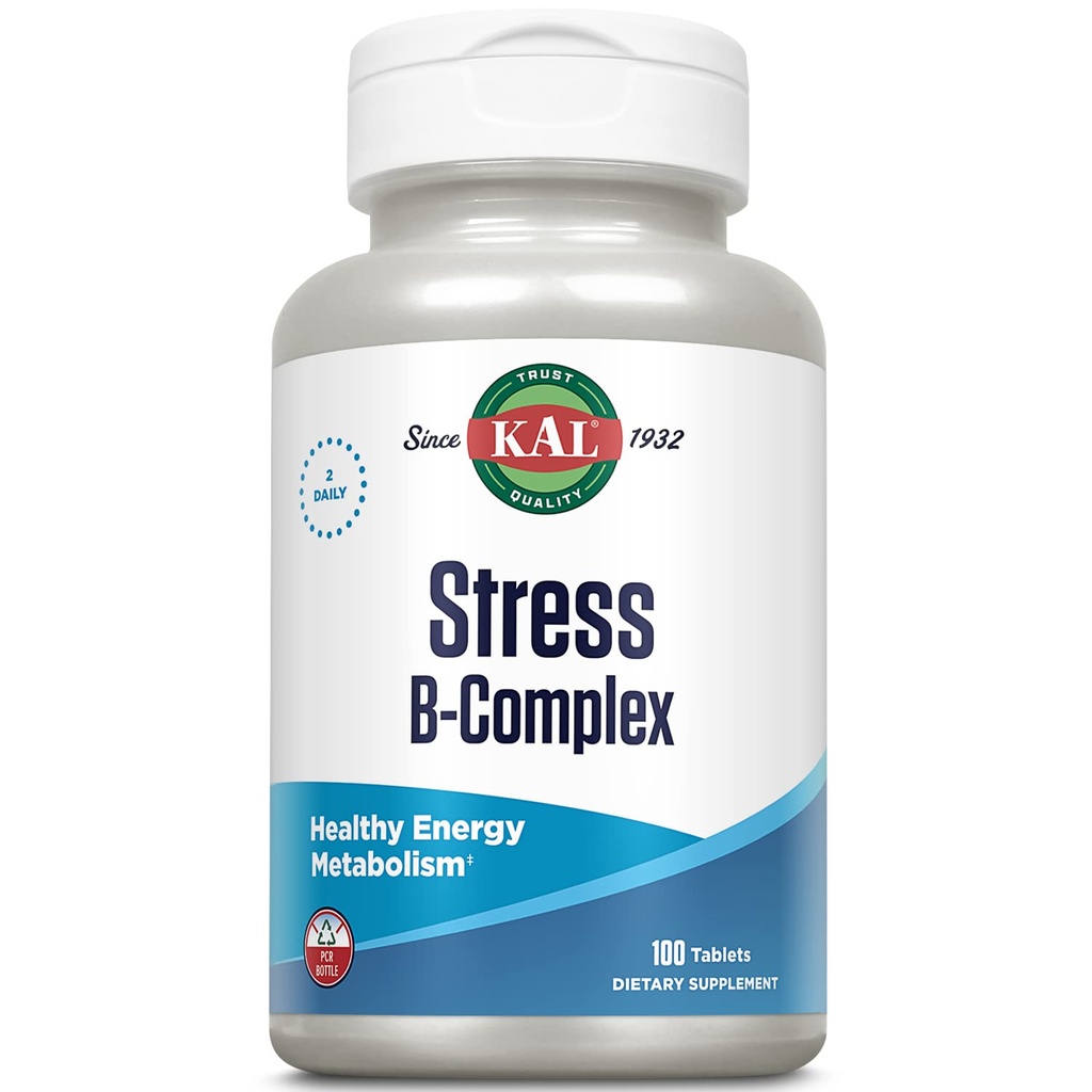Kal Stress B Complex Vitamin B Complex for Energy, Stress, Red Blood Cell Formation and Imunitation Support, with Vitamin B12, B6 and Folic Acid, 60denní záruka, 50 Serv, 100 tablet
