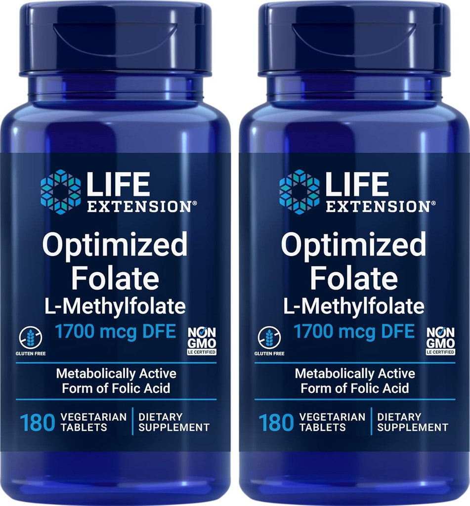 Life Extension Optimalizovaný folát (L- methylfolát) 1700 mcg DFE, 180 Veg tablety (balení po 2)