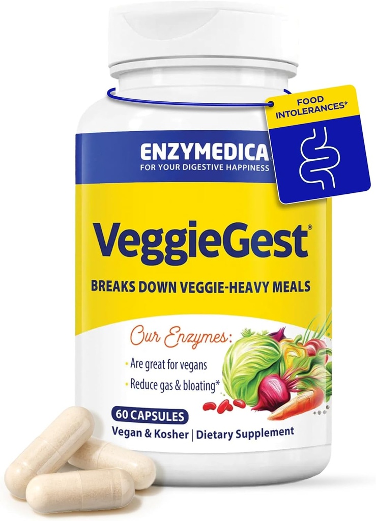 Enzymedica, VeggieGest, Dědičné Enzymy, Podporuje příležitostný plyn & Bloating Relief z High Fiber Strava, pro Vegan & Vegetariánské diety, Enzyme Blend pro stravovací zdraví, 60 Počet