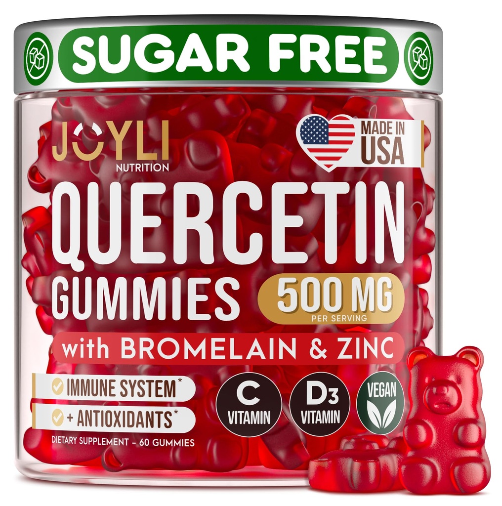 JOYLI Quercetin Gummies - Quercetin s bromelainovým zinkem Vitamin C & Vitamin D3 - Quercetin dodatek 500MG pro imunitní systém a alergie - Quercetin pro děti a dospělé - 60 Quercetin Chewable