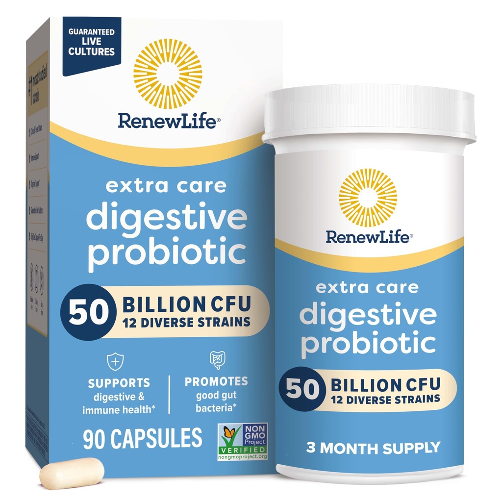 Reew Life Extra Care Stravovací Probiotické kapsle, 50 Miliardy CFU Garantované, Denní dodatek podporuje imunitní, stravovací, Respirační zdraví (1), L. Rhamnosus GG, mlékárenské, Soy a gluten- Free, 90 Počet
