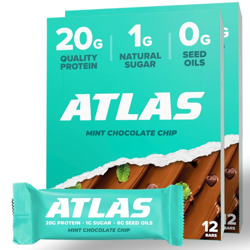 Atlas protein bar, 20g protein, 1g cukr, čisté přísady, gluten zdarma, mátový čokoládový chip (12 Počet, balení po 2)