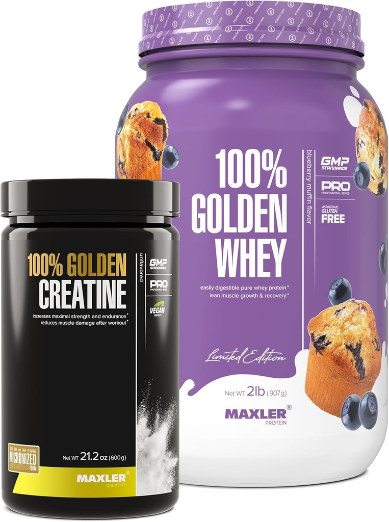 Maxler 100% Golden Whey (Blueberry Muffin 2 LB) & 100% Golden Creatine (Neochucený 21.2 oz)