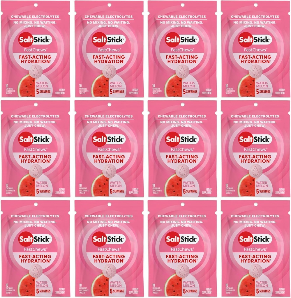 Saltstick Electrolyte FastChews - 120 Count Watermeloun Flavor - Electrolyte Tablets for Hydration, Salt Tabs - 10 Počet (balení po 12)