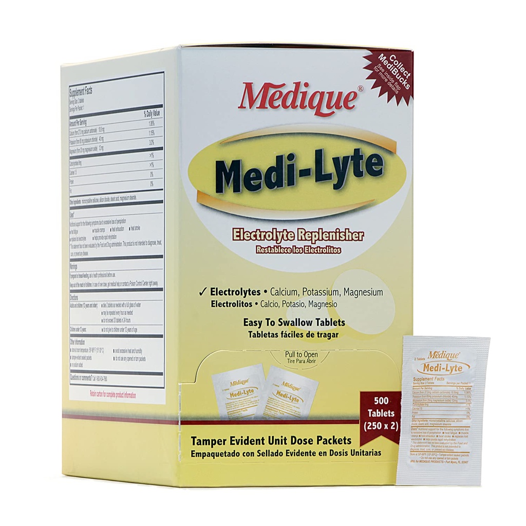 Medique Medi- Lyte Electrolyte Replenisher, Rychlá úleva od tepla, Stres, Únava, a svalové křeče, Snadná polykat tablety, 500 tablet (250 x 2)